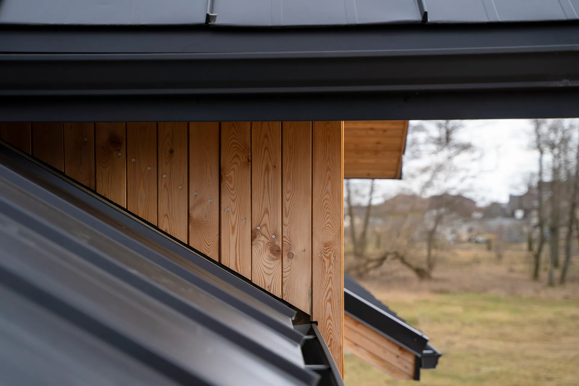 Standing seam metal roof cedar siding close up, Sanford